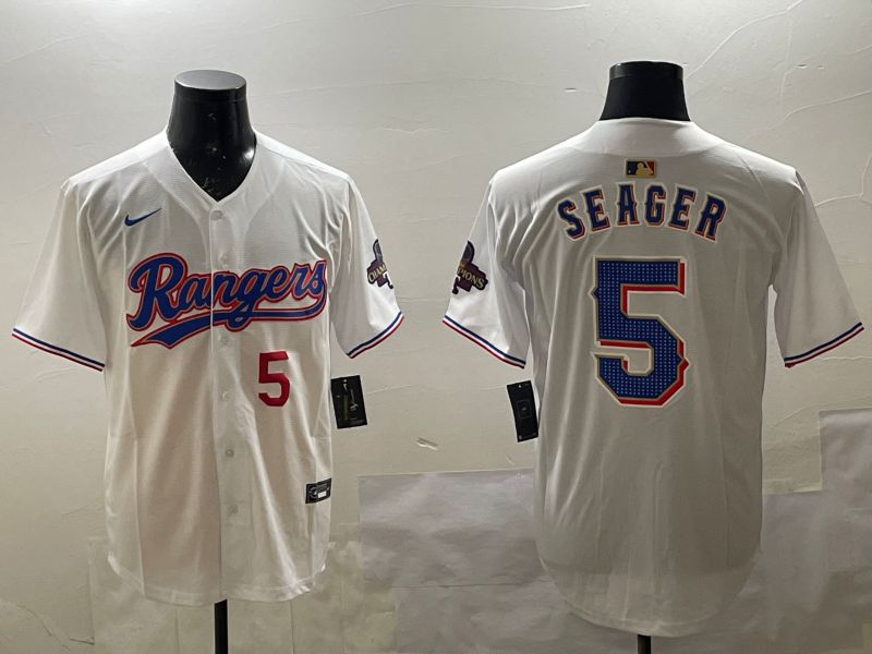 Men Texas Rangers 5 Seager White Gold Game 2025 Nike MLB Jersey style 4